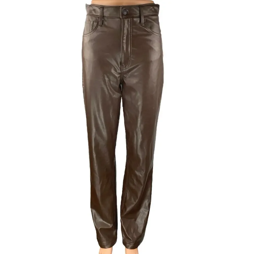 Abercrombie & Fitch 90's Straight Brown Faux Leather Ultra High Rise Pants Sz 27